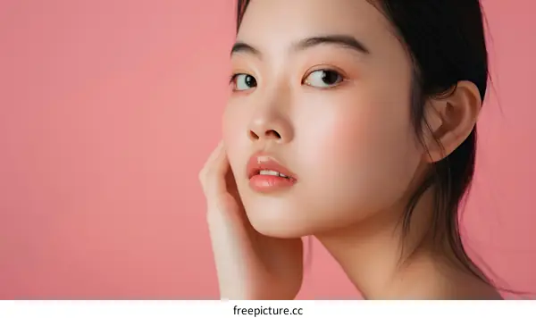 Beautiful Asian Woman Portrait with Pink Background