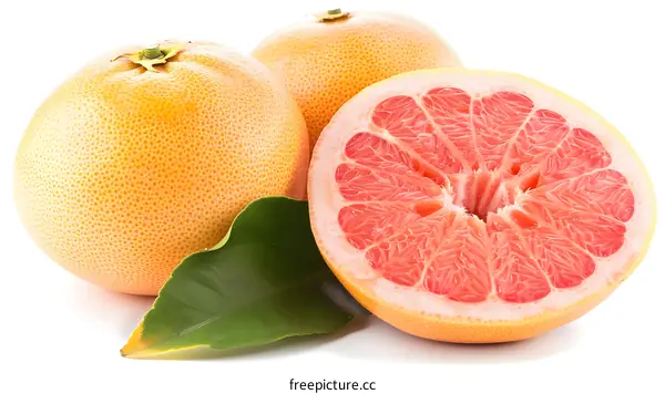 Fresh Grapefruit with Green Leaves on White Background