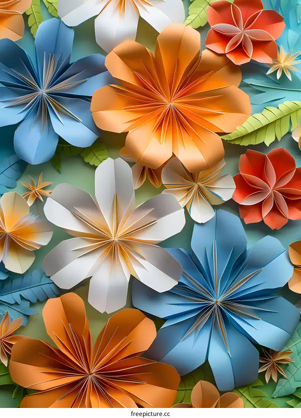 3D illustration of a variety of origami flowers