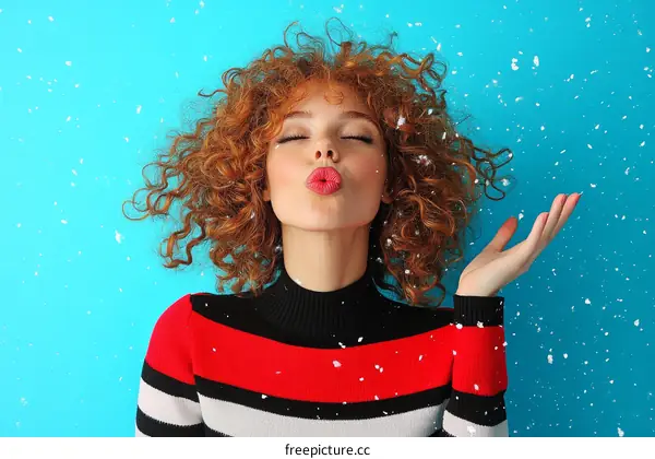 Woman with Red Curly Hair Kissing Snow