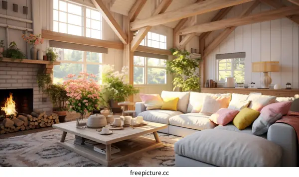 Bright and Airy Living Room With Fireplace and Flowers