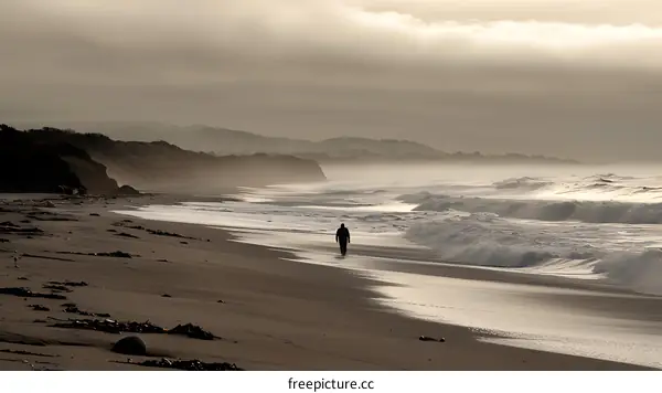 Solitary Figure Walking on a Beach with Rolling Waves and Misty Hills in the Background