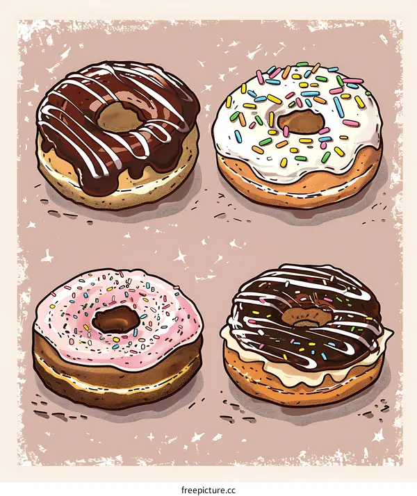 Set Of Four Hand Drawn Donuts Illustration