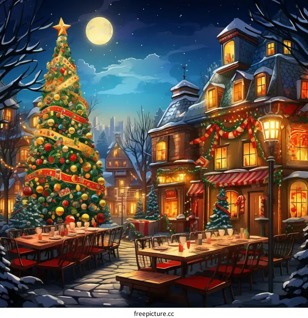 Christmas Town with a Large Decorated Tree and a Full Moon
