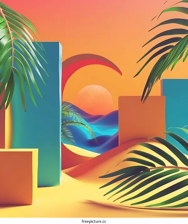 Abstract Summer Sunset Scene with Palm Trees and Geometric Shapes