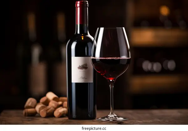 A bottle of red wine and a glass of red wine on a wooden table