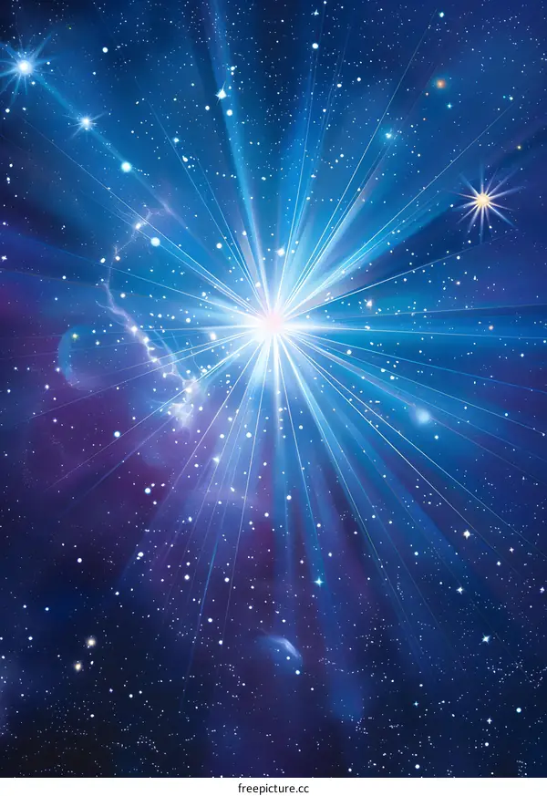 Blue and purple abstract space background with shining light rays