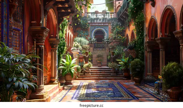 Beautiful Courtyard with Ornate Arches and Lush Greenery