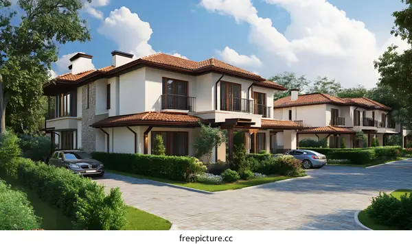 Modern Luxury Home Design with White Walls and Red Tile Roof