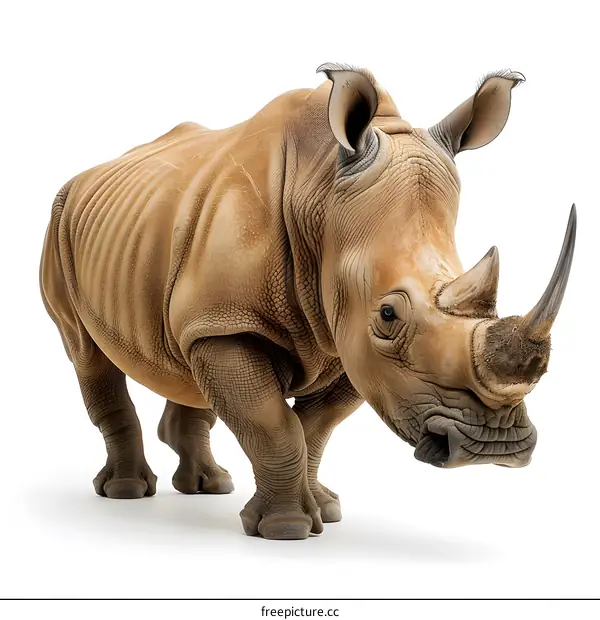 A rhinoceros is standing in front of a white background