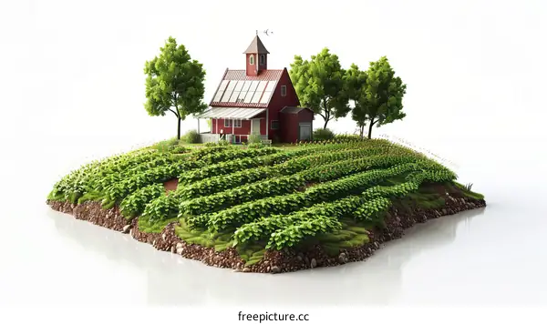 Small Red Barn House in the Middle of a Farmland