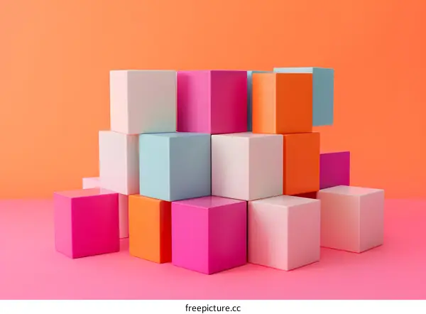 Colorful Cubes Stacked on a Pink and Orange Background