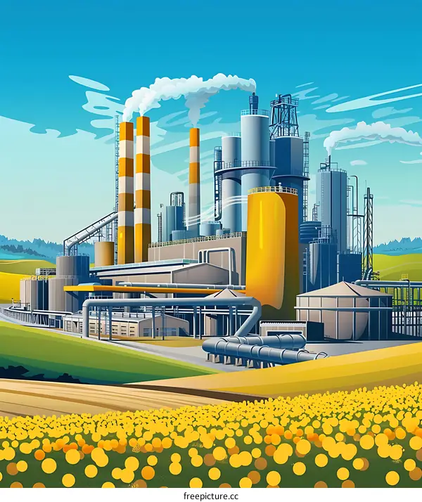 Industrial Factory Landscape with Smoke Stacks and Yellow Flowers