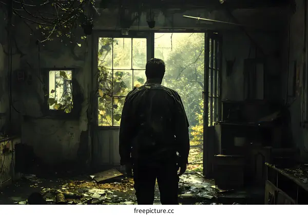 man standing in a ruined house looking out at the overgrown forest outside