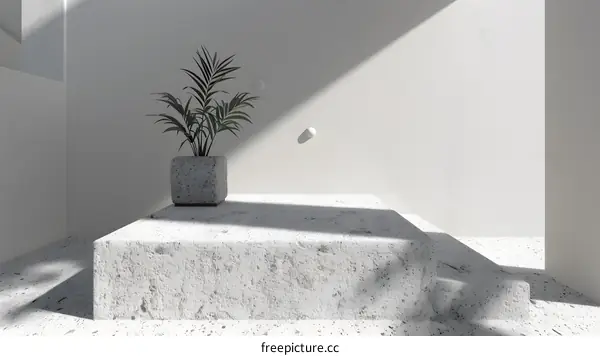 Minimalist White Room With Plant and Concrete Platform