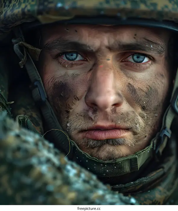 Portrait of a soldier with blue eyes and a dirty face