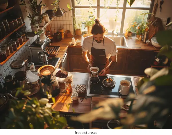 Bearded man making coffee in a home kitchen