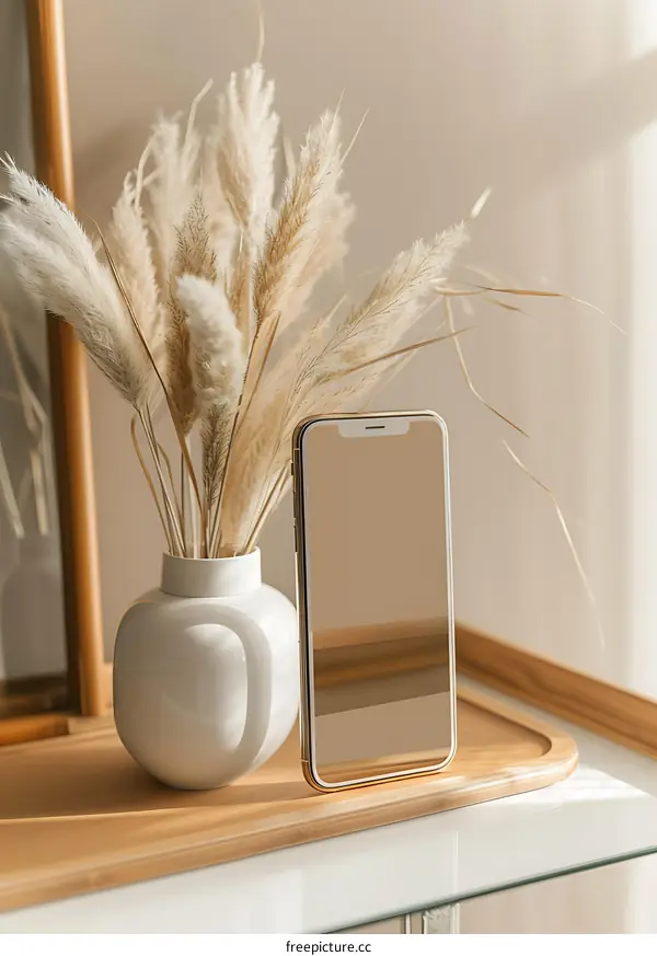 Minimalist Home Decor with Pampas Grass and a Smartphone