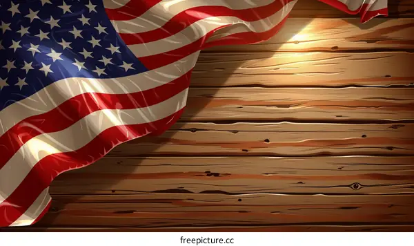 American flag waving in the wind with a wooden background