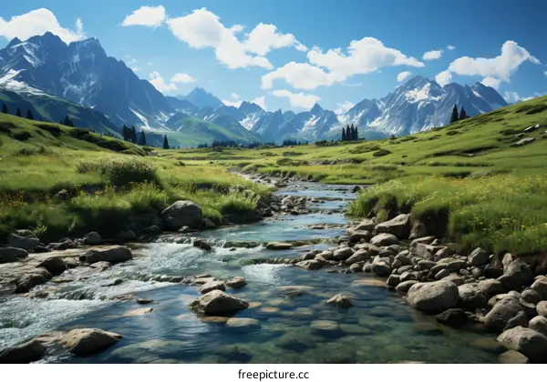 Alpine valley with river flowing through meadow