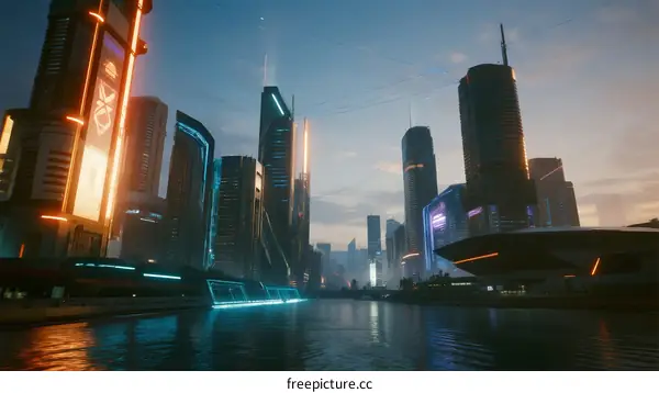 Futuristic Cityscape with Glowing Skyscrapers and Waterfront