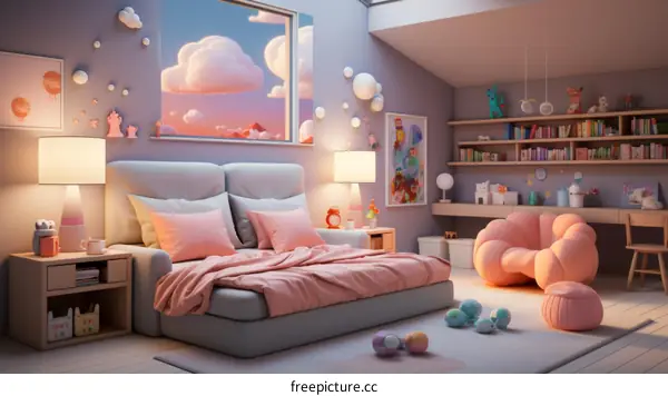 Cozy Pink Bedroom with Large Bed and Bookshelf