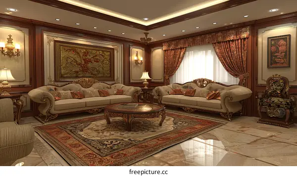 Luxurious living room interior design with sofas, curtains and a coffee table