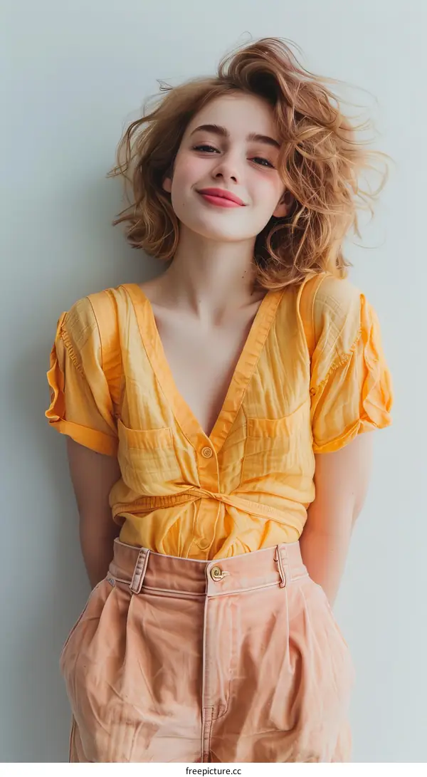 Portrait of a young woman with short blonde hair wearing a yellow blouse
