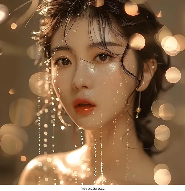 A close-up portrait of a beautiful Asian woman with water droplets on her face