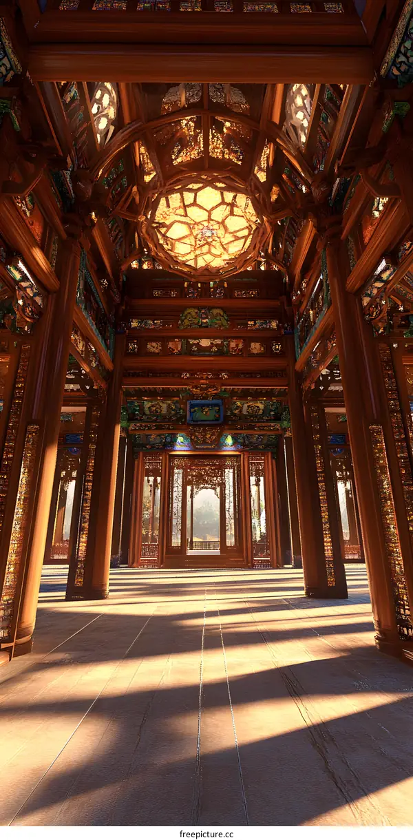 Traditional Chinese Architecture Interior Design with Wooden Beams and Colorful Glass