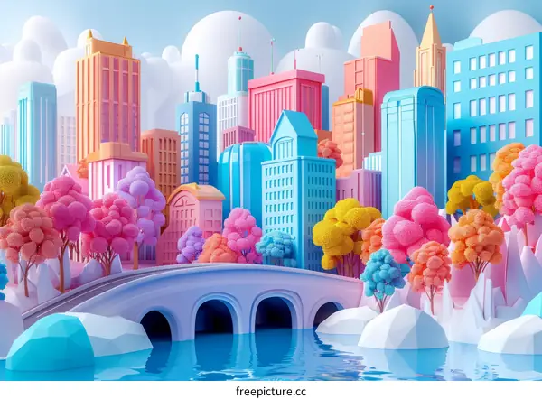 A beautiful illustration of a colorful city with a river running through it