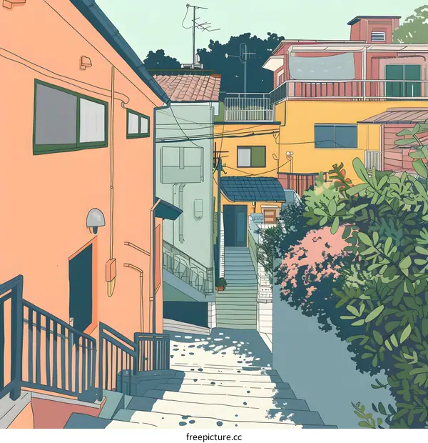 Colorful Illustration of a Narrow Alleyway in Japan