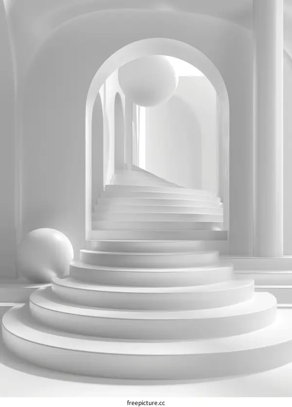 White Minimalist Architectural Space with Podium and Curved Staircase