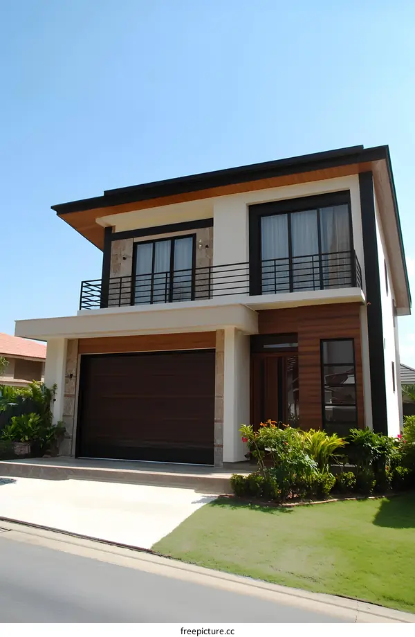Modern Two Story House with White Walls and Brown Wood Siding