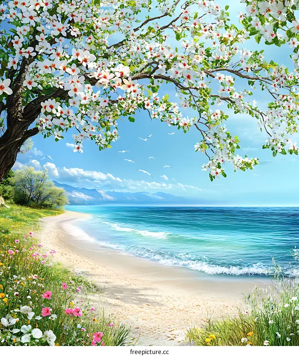 Spring Blossom Tree Overlooking Beach