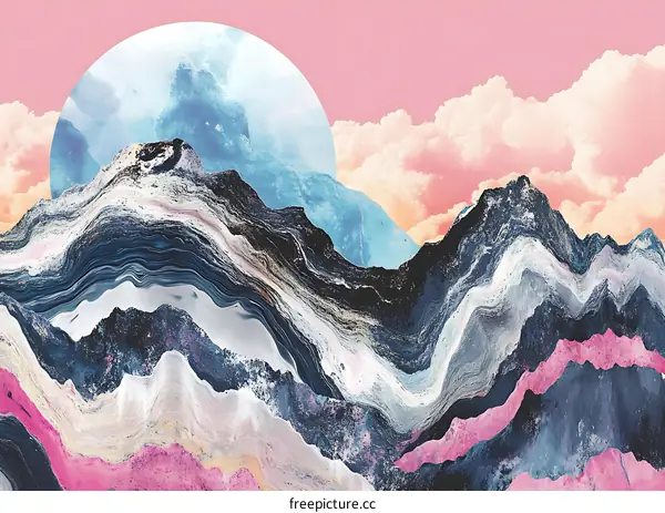 Abstract Mountain Landscape Art With Pink Sky And Clouds