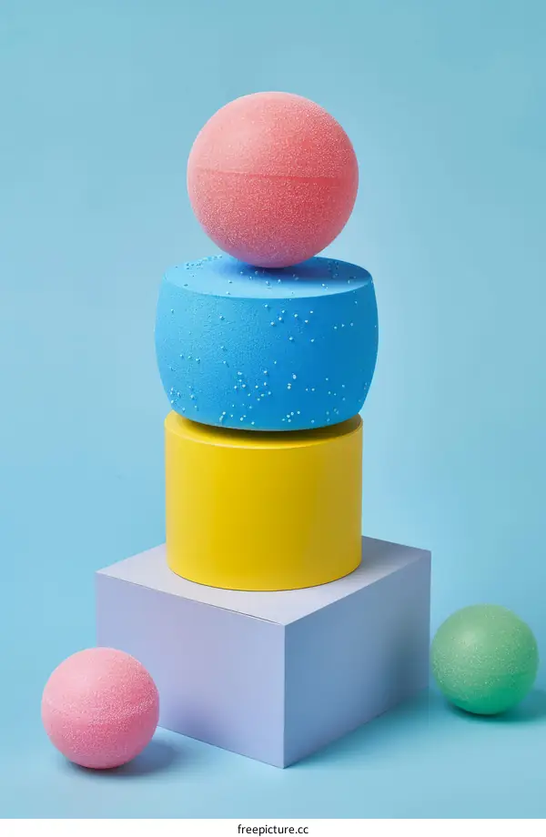 Pink and Blue Geometric Shapes and Pastel Balls Composition