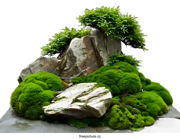 [Transparent Background PNG]Green Mossy Rocks Bonsai Tree