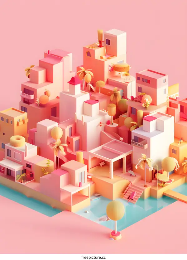 Minimalist 3D Illustration of Pink and Yellow Cityscape
