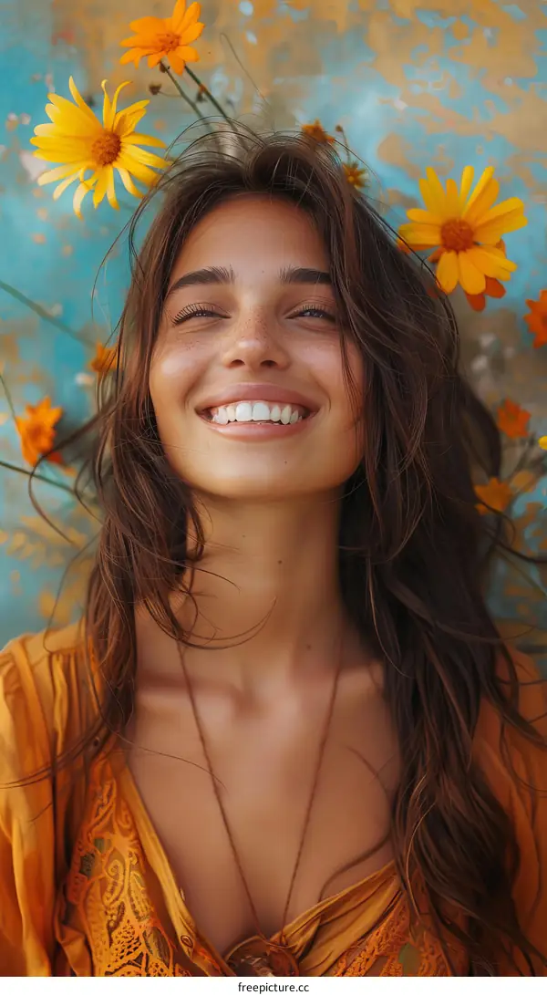 Smiling Woman with Flowers in Summertime