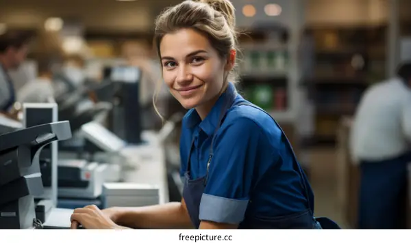Portrait of a young woman working as a cashier in a supermarket