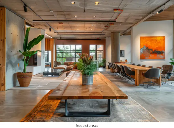 Modern office space with natural light and plants