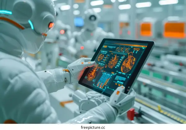 Robot using a tablet in a factory