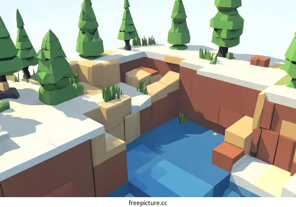 Low Poly Winter Scene with Cliff and Trees