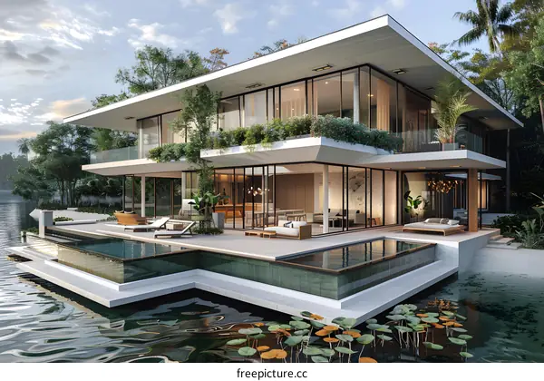 A modern villa with a swimming pool by the lake