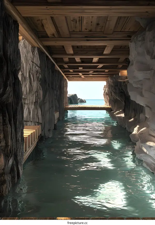 Wooden Structure Over Water  Surrounded By Rocks