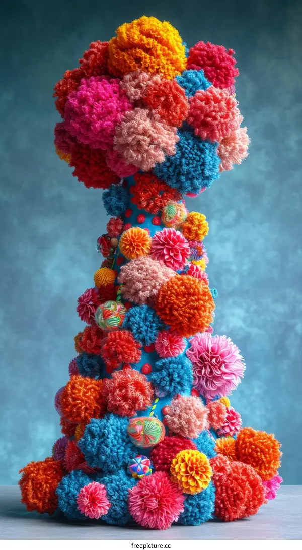 Colorful yarn flowers in the shape of a Christmas tree