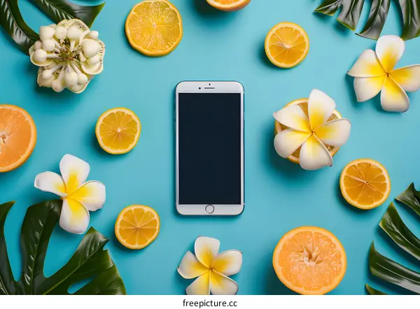 Summer Fruit and Flowers Flat Lay with Mobile Phone