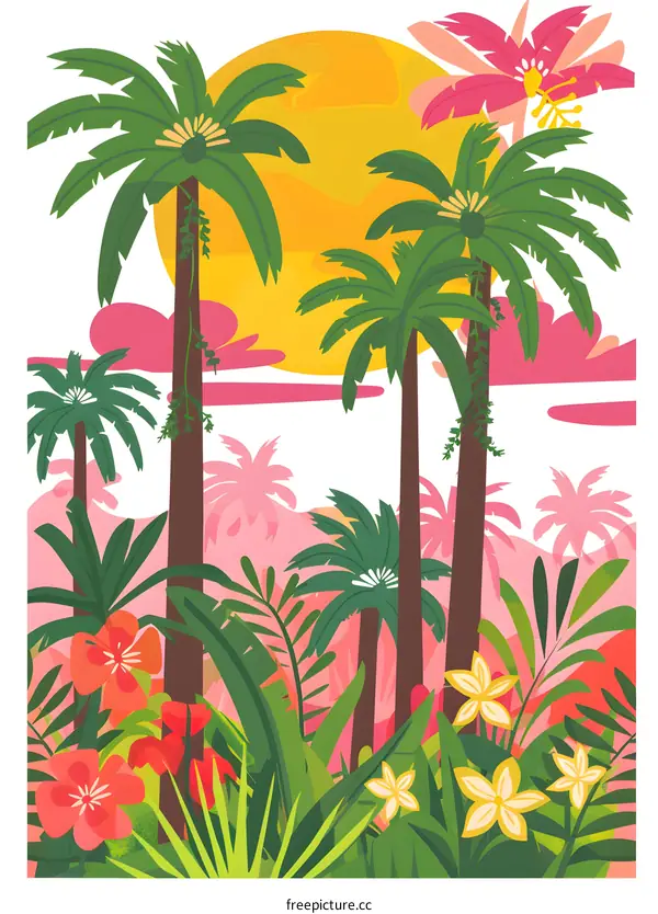 Tropical Palm Trees and Flowers Illustration