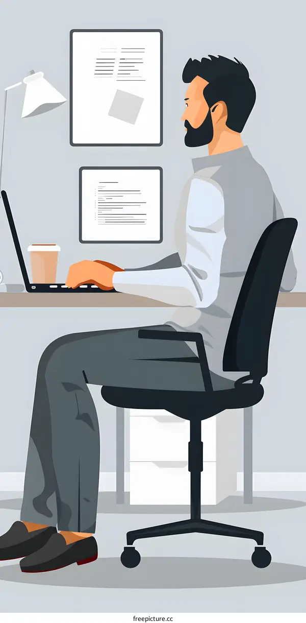 Man Working on Laptop in Office Illustration
